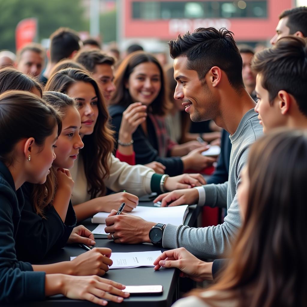 Cristiano Ronaldo signing autographs for a crowd of fans