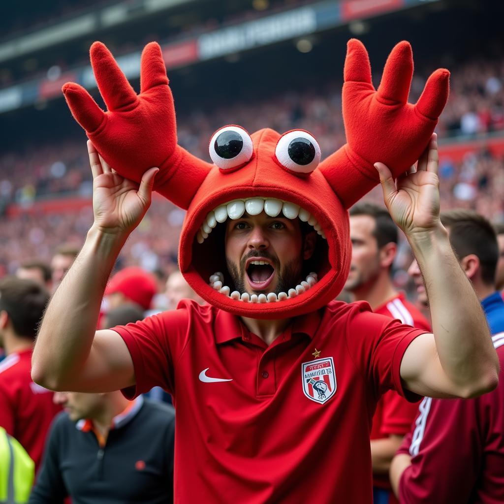 Football fan with crab hat celebrating