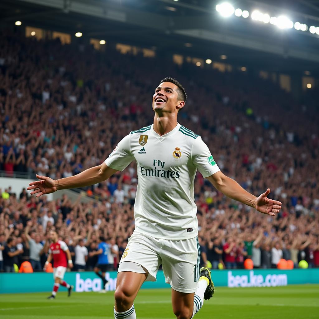 Cristiano Ronaldo celebrates a goal with fans