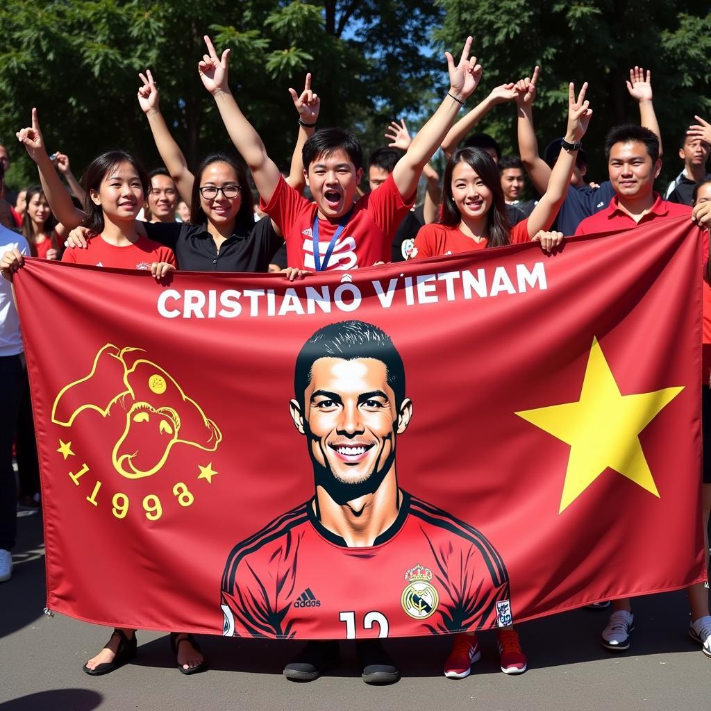 Cristiano Ronaldo featured on a banner held by Vietnamese fans