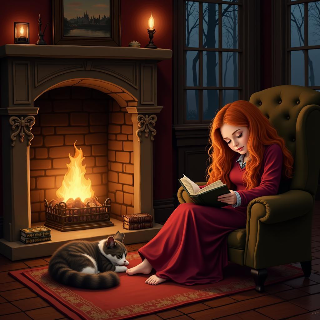 Hermione and Crookshanks Relaxing in the Gryffindor Common Room