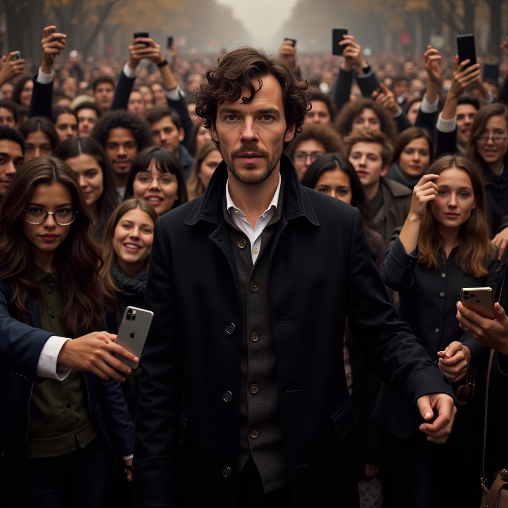 Benedict Cumberbatch as Sherlock in a sea of fans