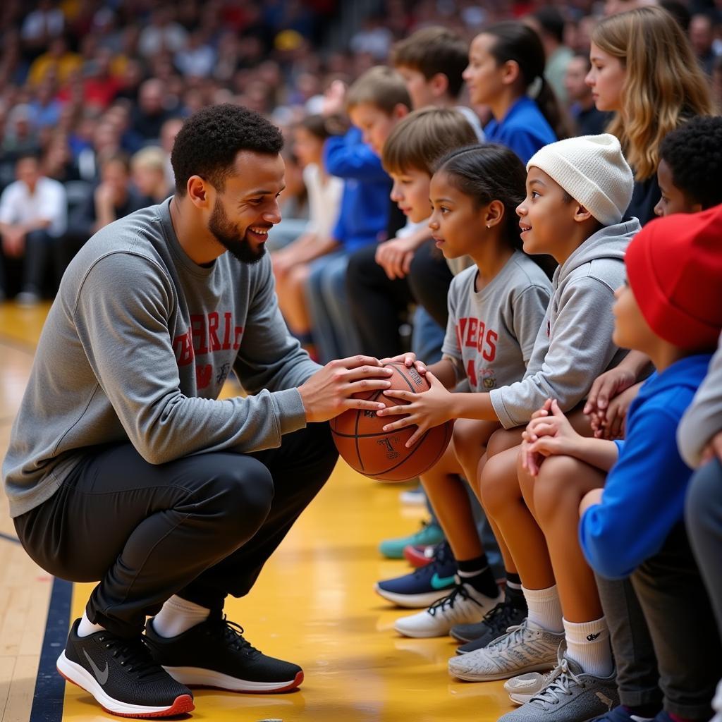 Stephen Curry signs a basketball for a young fan