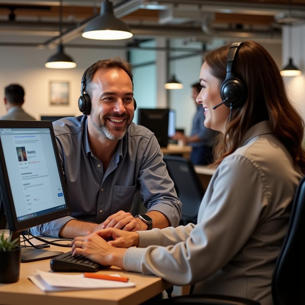 Friendly customer service representative assisting a fan