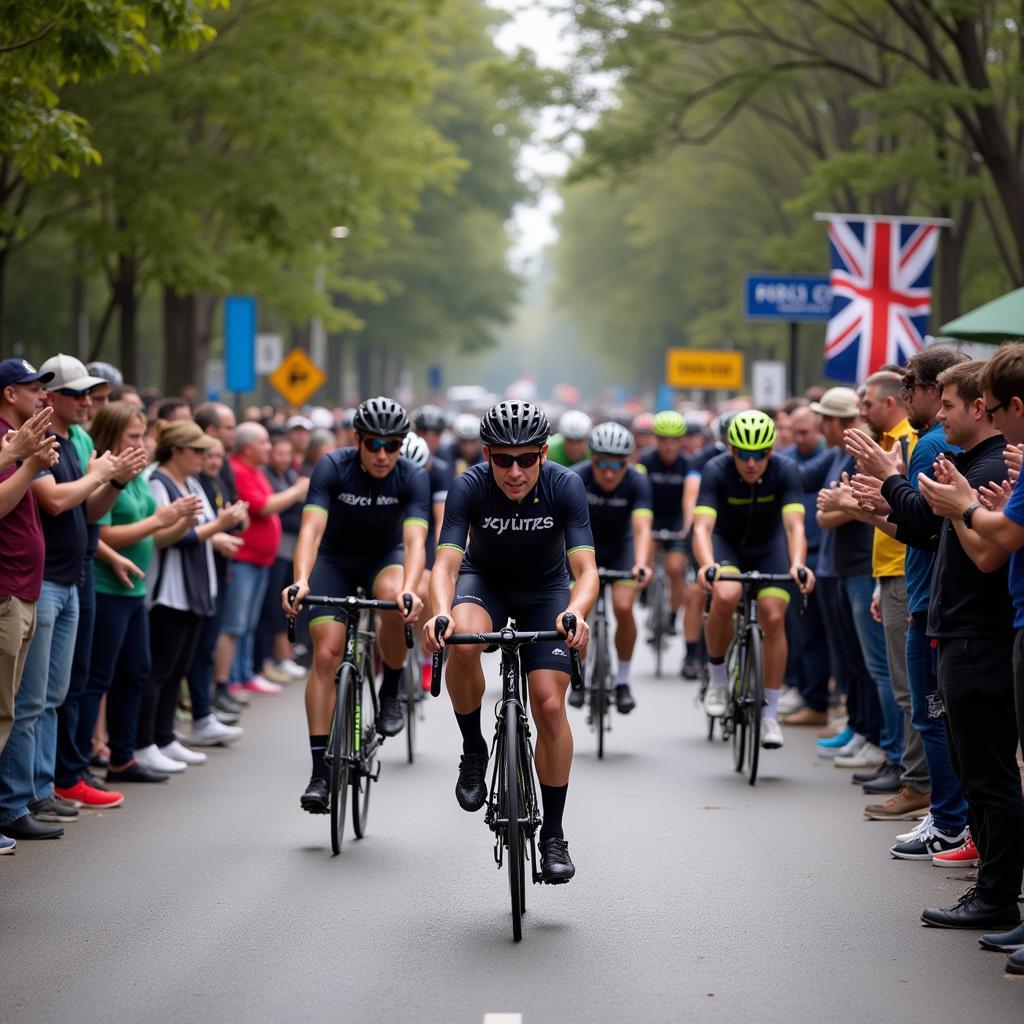 A cyclist navigating through a densely packed crowd during the Giro d'Italia