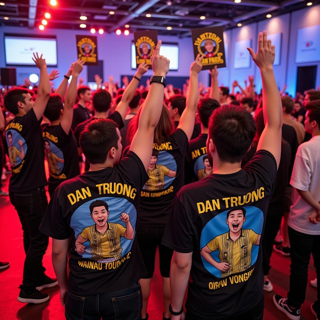 Members of a Dan Truong fan club gathered for a meeting, holding banners and wearing matching shirts