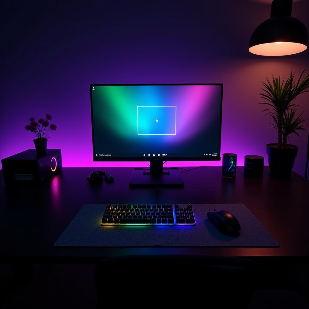 A gaming setup showcasing the Dark Flash CF8 case with its RGB lighting