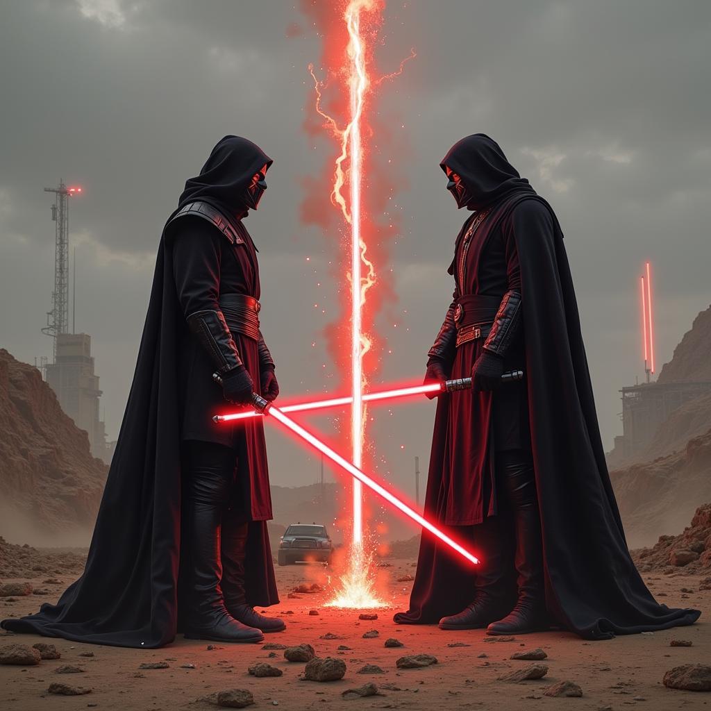 Darth Revan and Darth Nihilus facing each other, lightsabers ignited