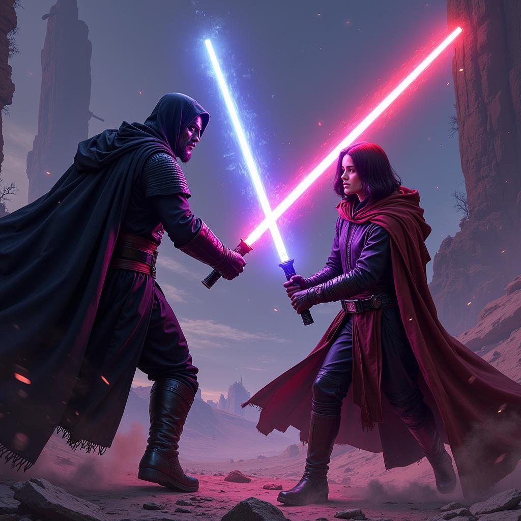 Darth Revan and Darth Nihilus locked in a lightsaber duel