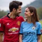 A couple wearing rival team jerseys, smiling at each other