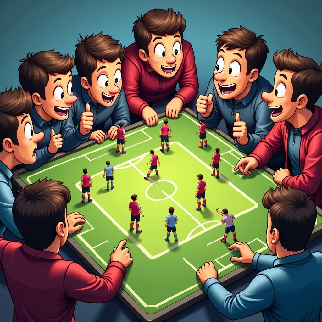 Football fans analyzing a match on a tactical board