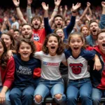 A group of fans cheering enthusiastically at a sports event.