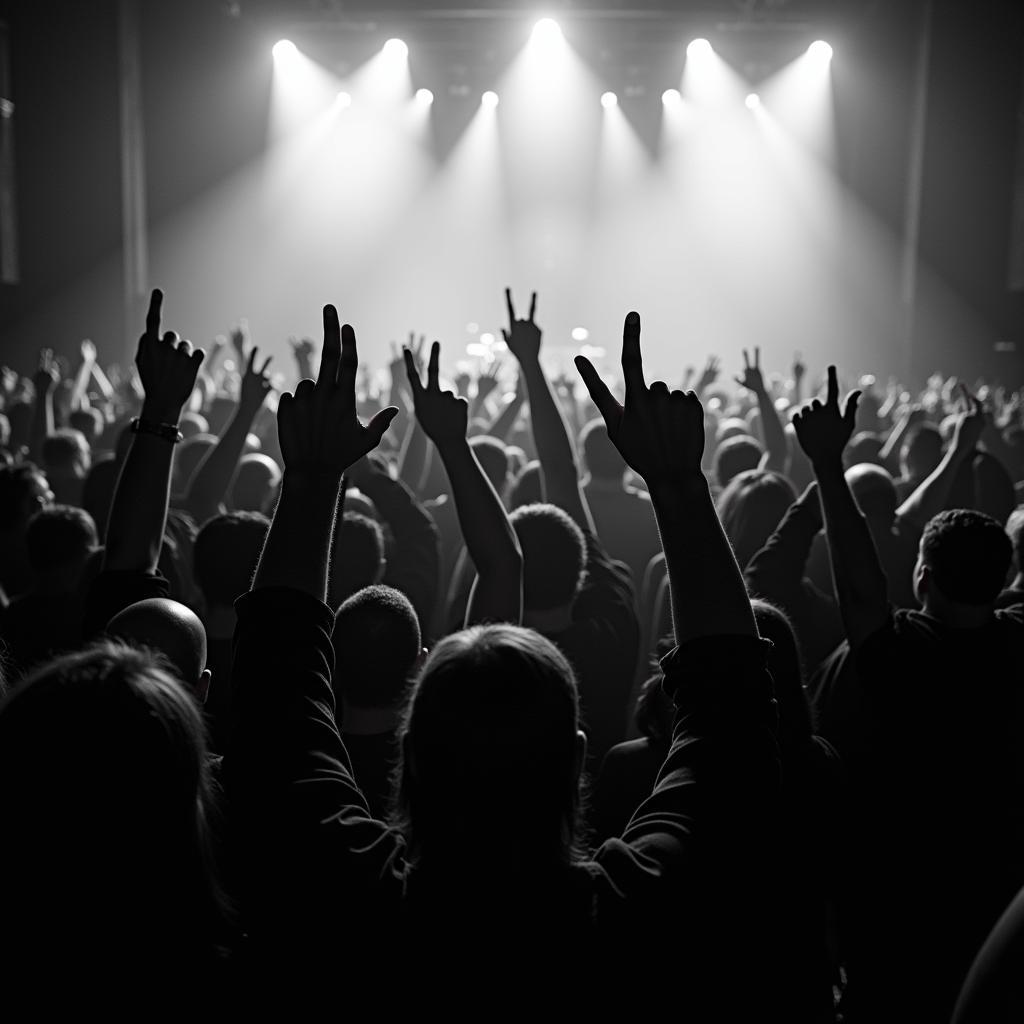 Rock concert crowd displaying devil horns gesture