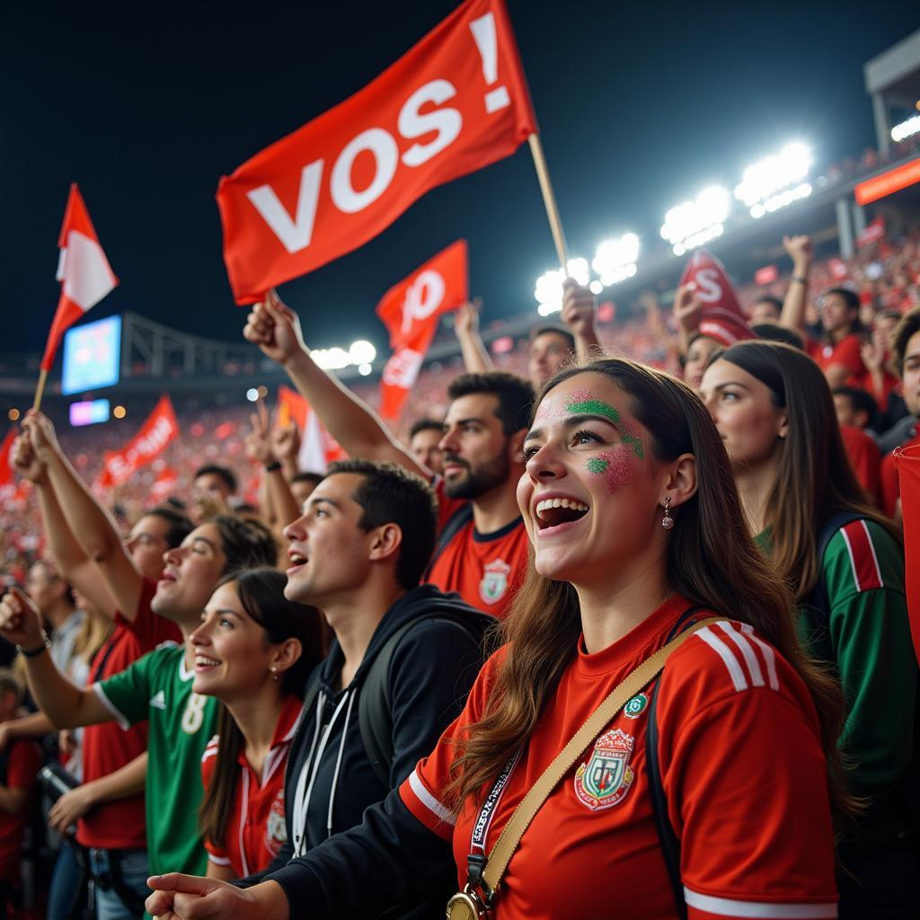 Cheering fans in a packed stadium