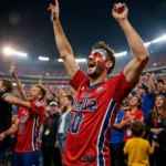 A die-hard football fan excitedly celebrating a goal