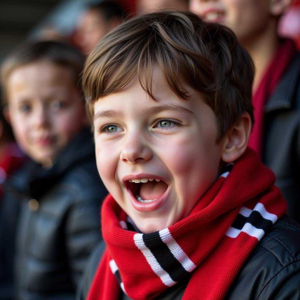 A young fan proudly wears their team scarf, representing the deep sense of identity and belonging associated with fandom.