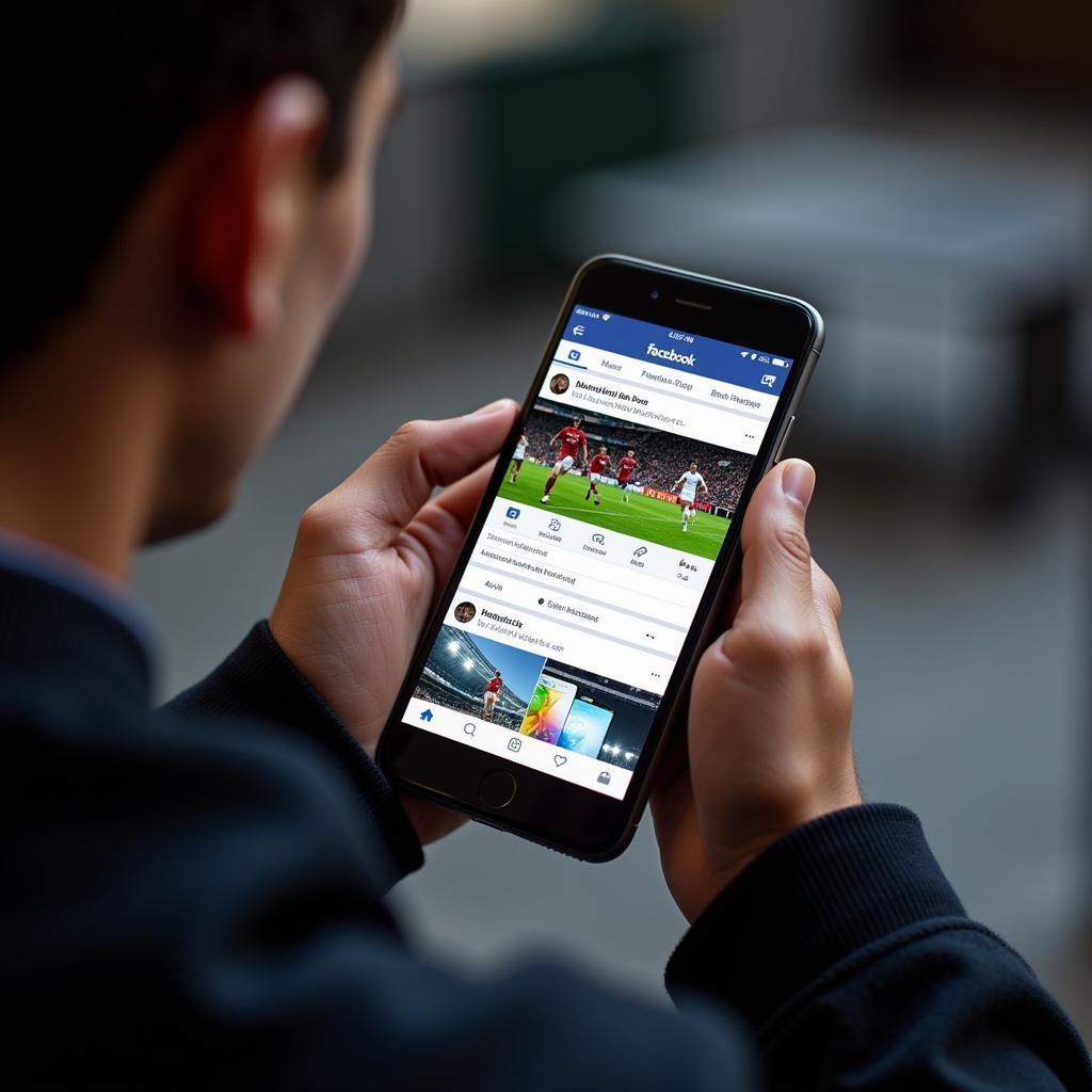 Football fan scrolling through Facebook on their phone