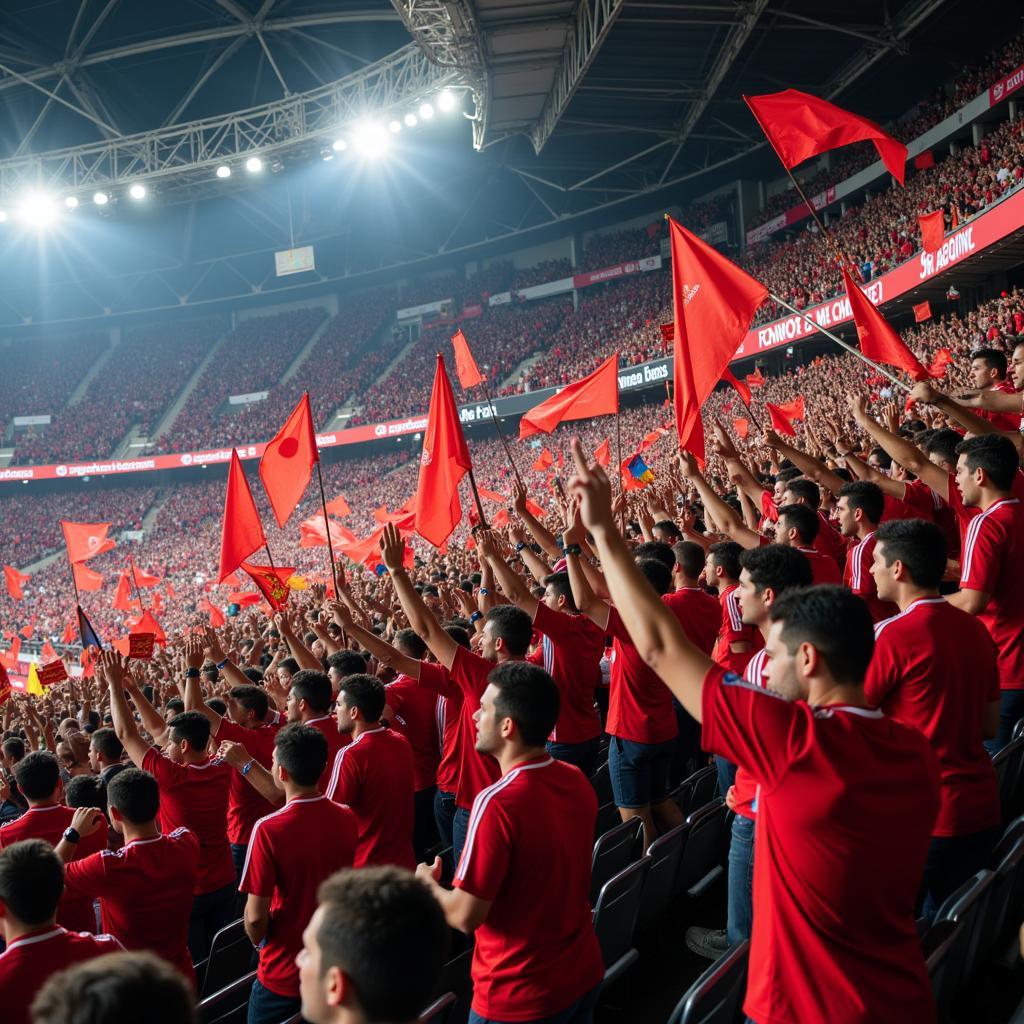 Die-hard football fans passionately cheering for their team in a packed stadium