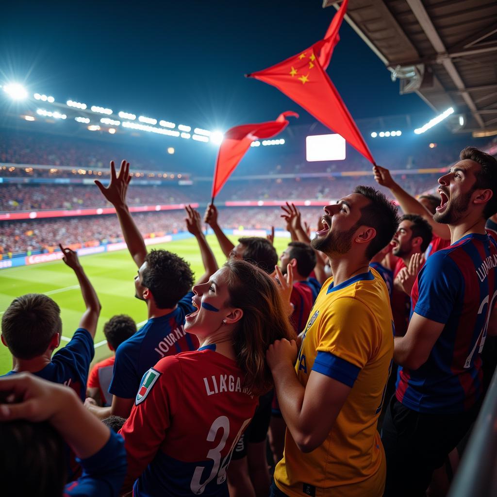 Fans celebrating in a packed stadium