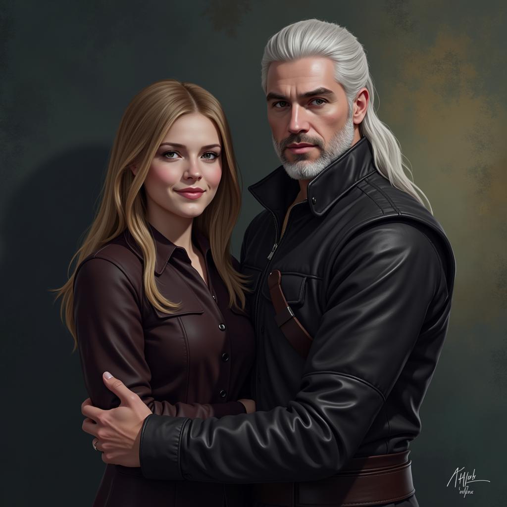 Digitally painted The Witcher fan art wallpaper showcasing Geralt and Ciri