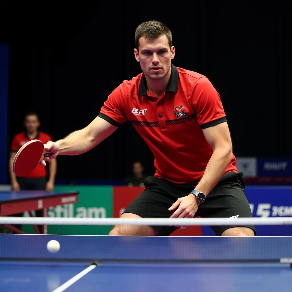 Dimitrij Ovtcharov demonstrates his meticulous technique and strategic approach to table tennis, showcasing his mastery of the game.