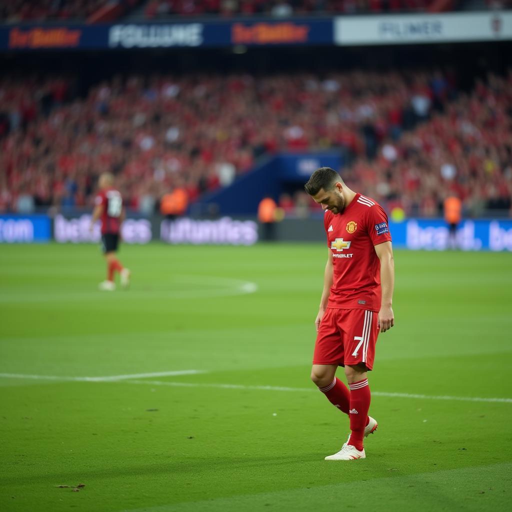 A dejected football player walks off the field