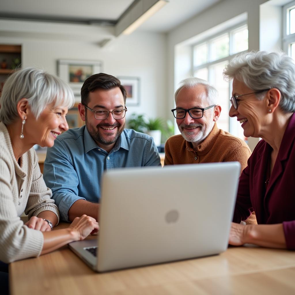 Smiling seniors actively participate in an online group using laptops