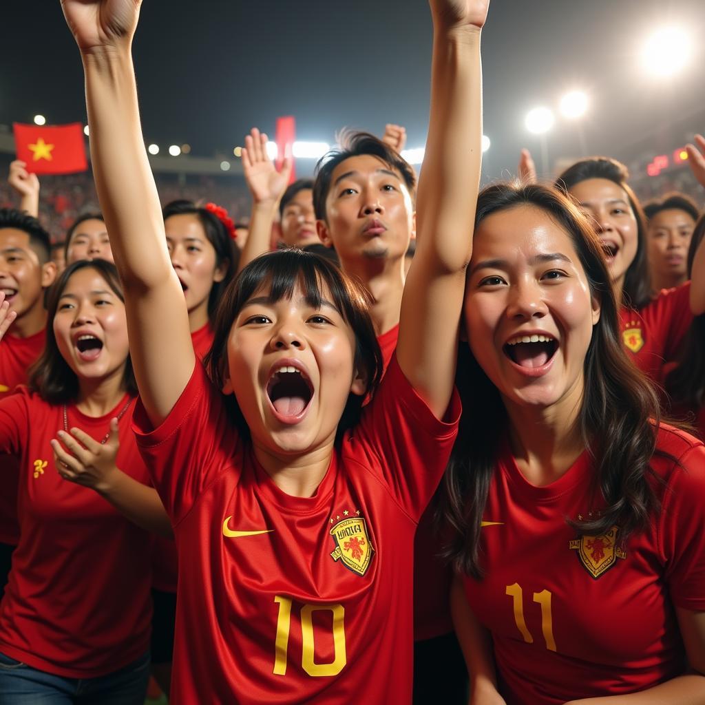 A diverse group of Vietnamese fans celebrating a goal