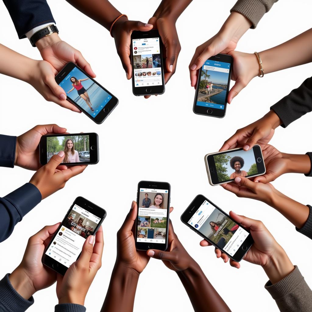 Hands holding smartphones displaying diverse social media content