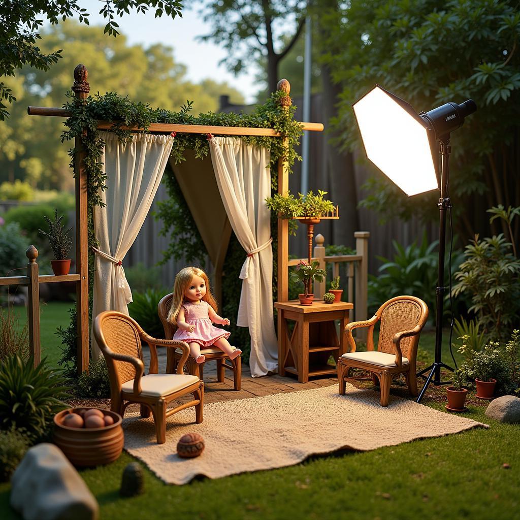 Outdoor photography set-up for dolls with natural lighting.