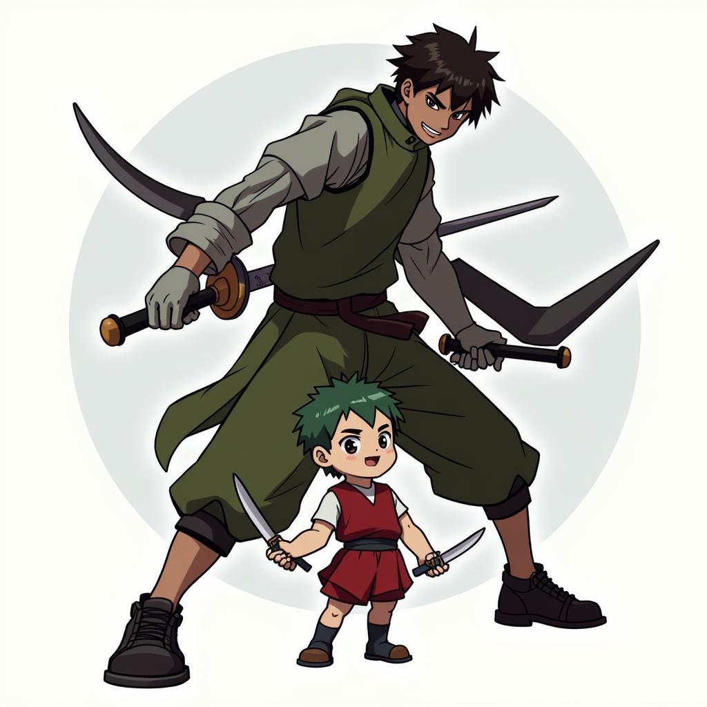 Dororo and Hyakkimaru standing back-to-back, wielding their weapons