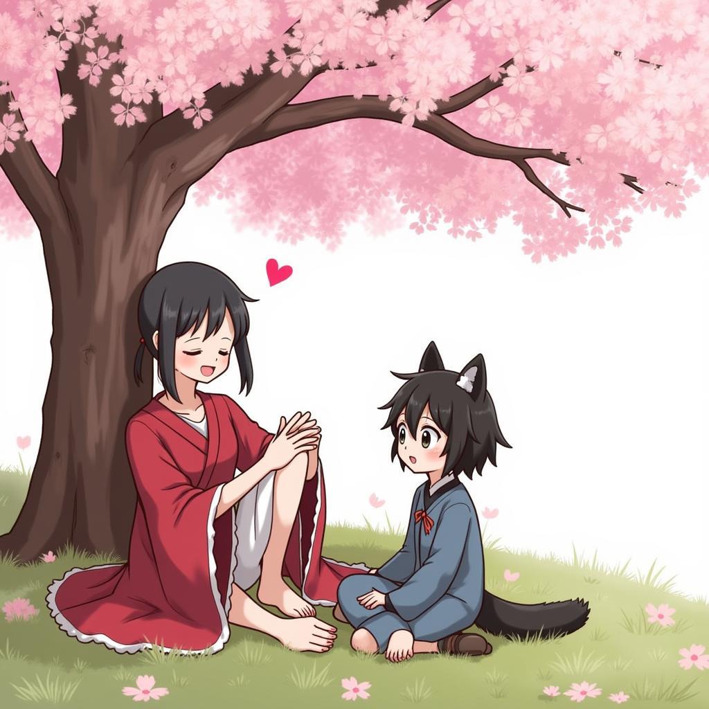 Dororo and Hyakkimaru enjoying a peaceful moment under a cherry blossom tree