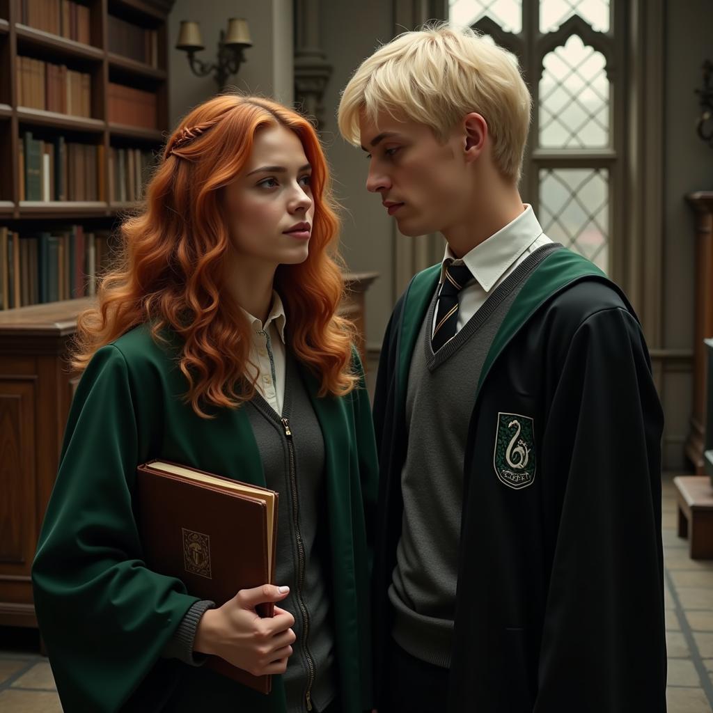 Hermione and Draco standing back-to-back, their expressions a mix of defiance and longing