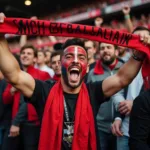 A passionate football fan celebrating a victory with a scarf held high