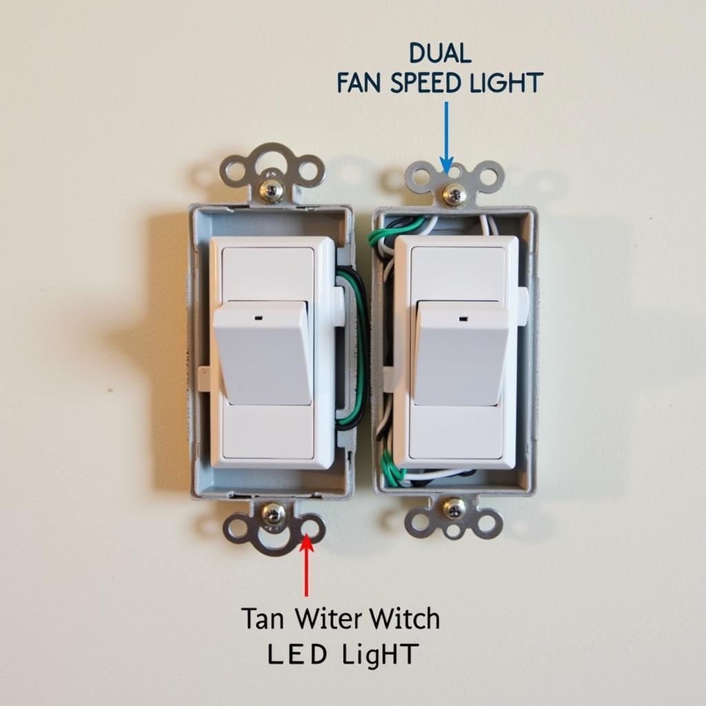 Dual wall switch controlling LED fan light and fan speed independently.