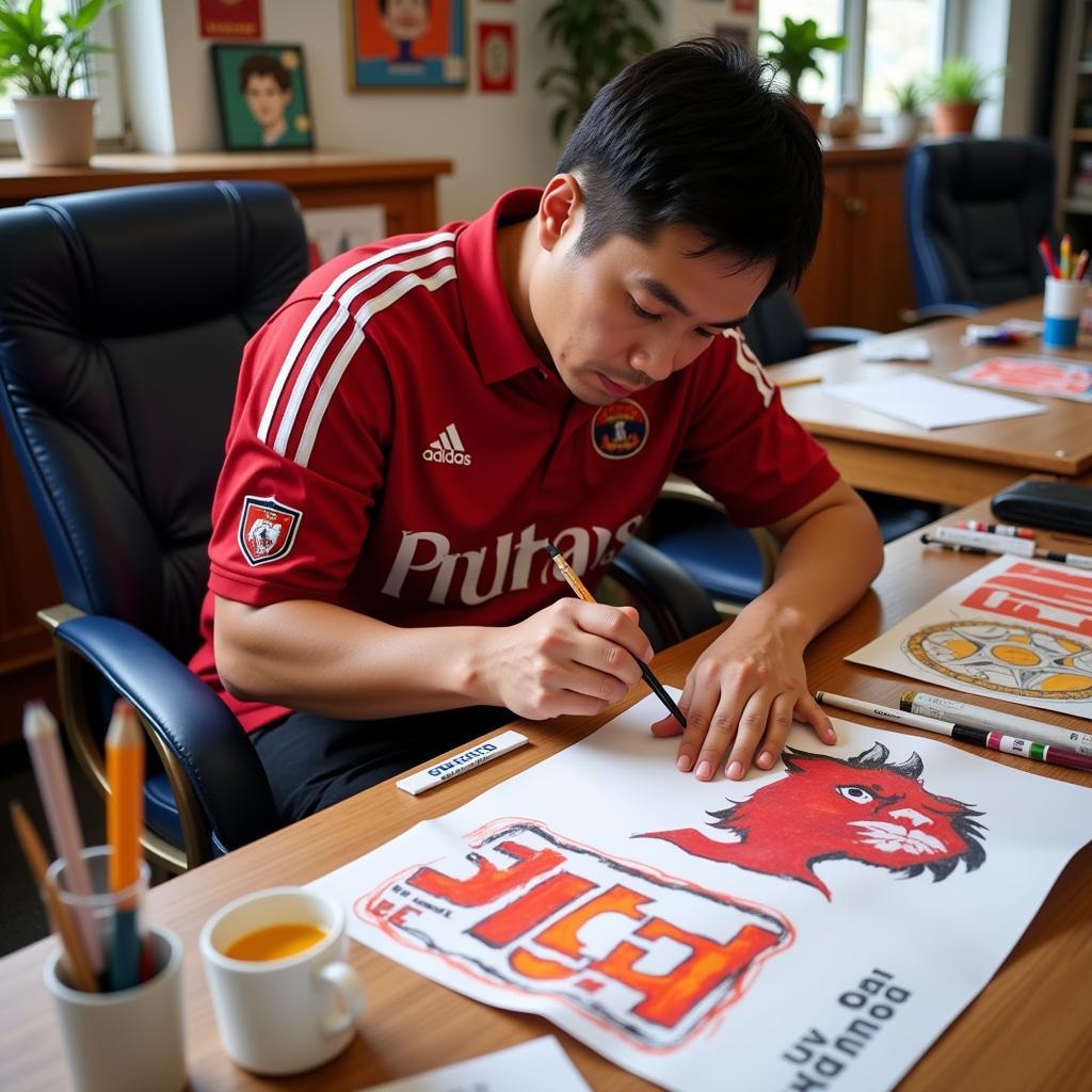 Duong Van Doan meticulously crafting a fan banner for his favorite team.