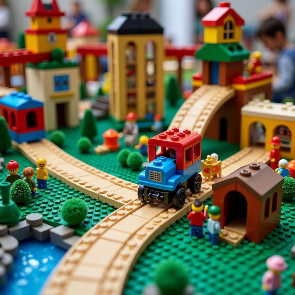 A Duplo train fan showcasing a custom-built layout