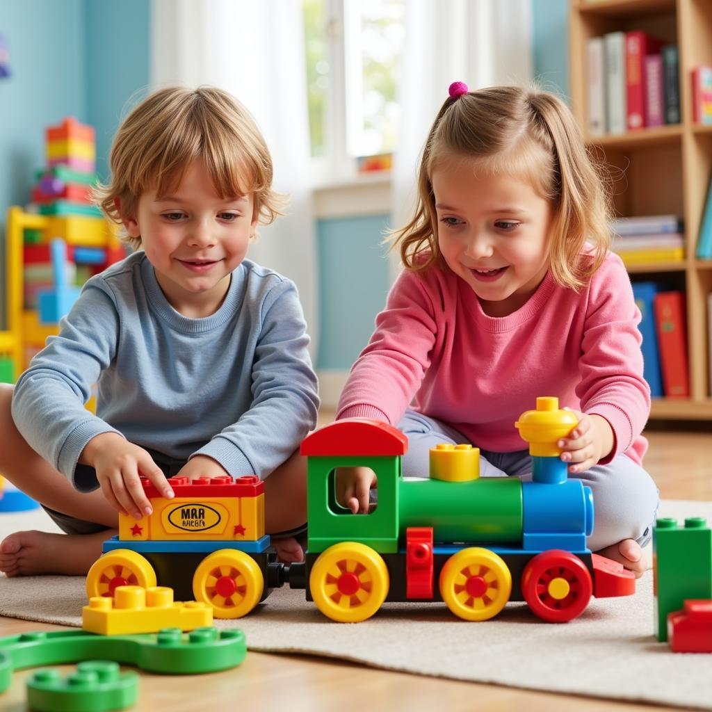 Children playing with a Duplo train set