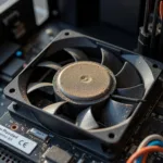 A dusty CPU fan inside a desktop computer