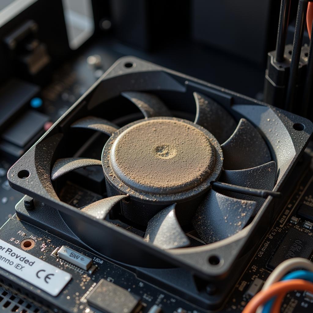 A dusty CPU fan inside a desktop computer