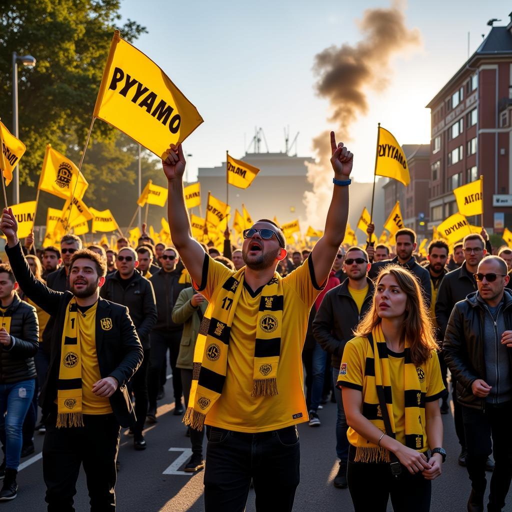 Dynamo Dresden fans march to the stadium