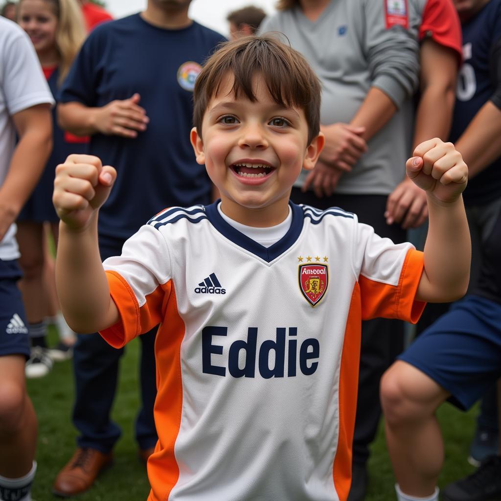 A young fan wearing an "Eddie" jersey.