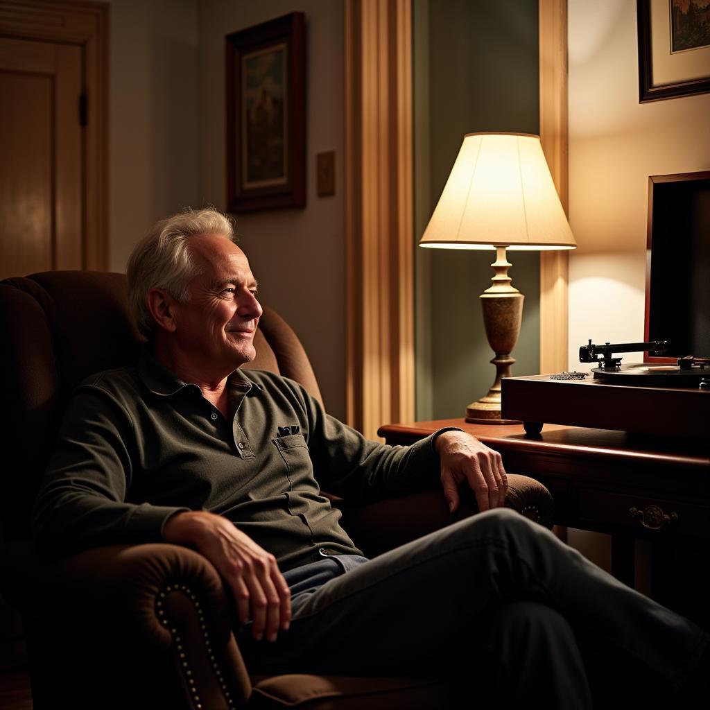 An elderly man enjoys music from a vinyl record