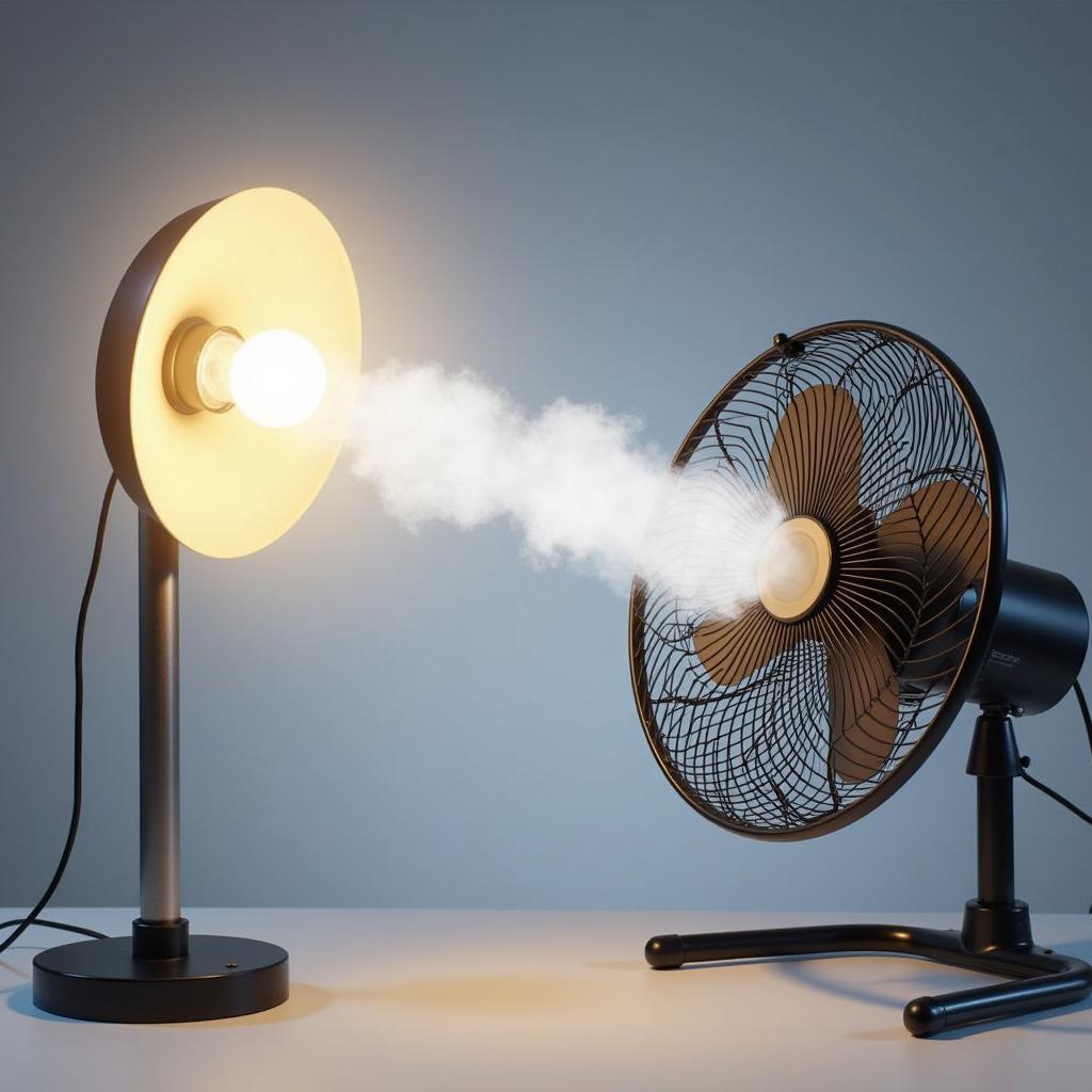 Electric fan blowing on a plate light bulb