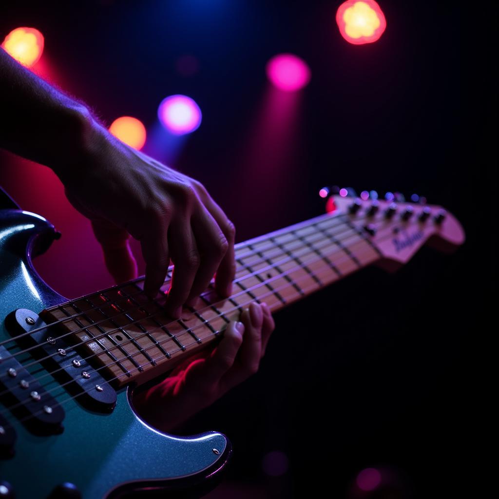 Electric guitar on stage under stage lights