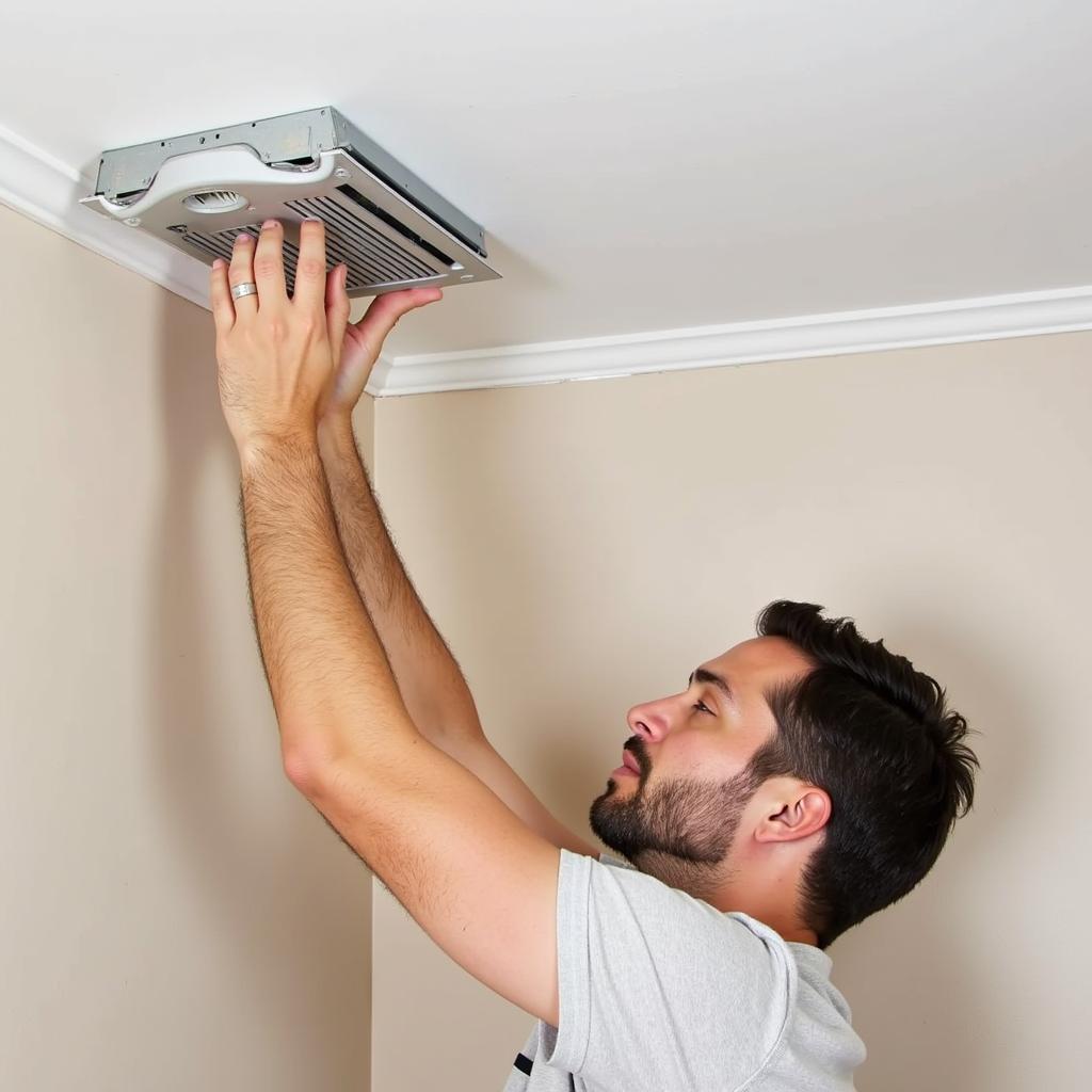 Electrician installing a 300 CFM exhaust fan in a bathroom ceiling