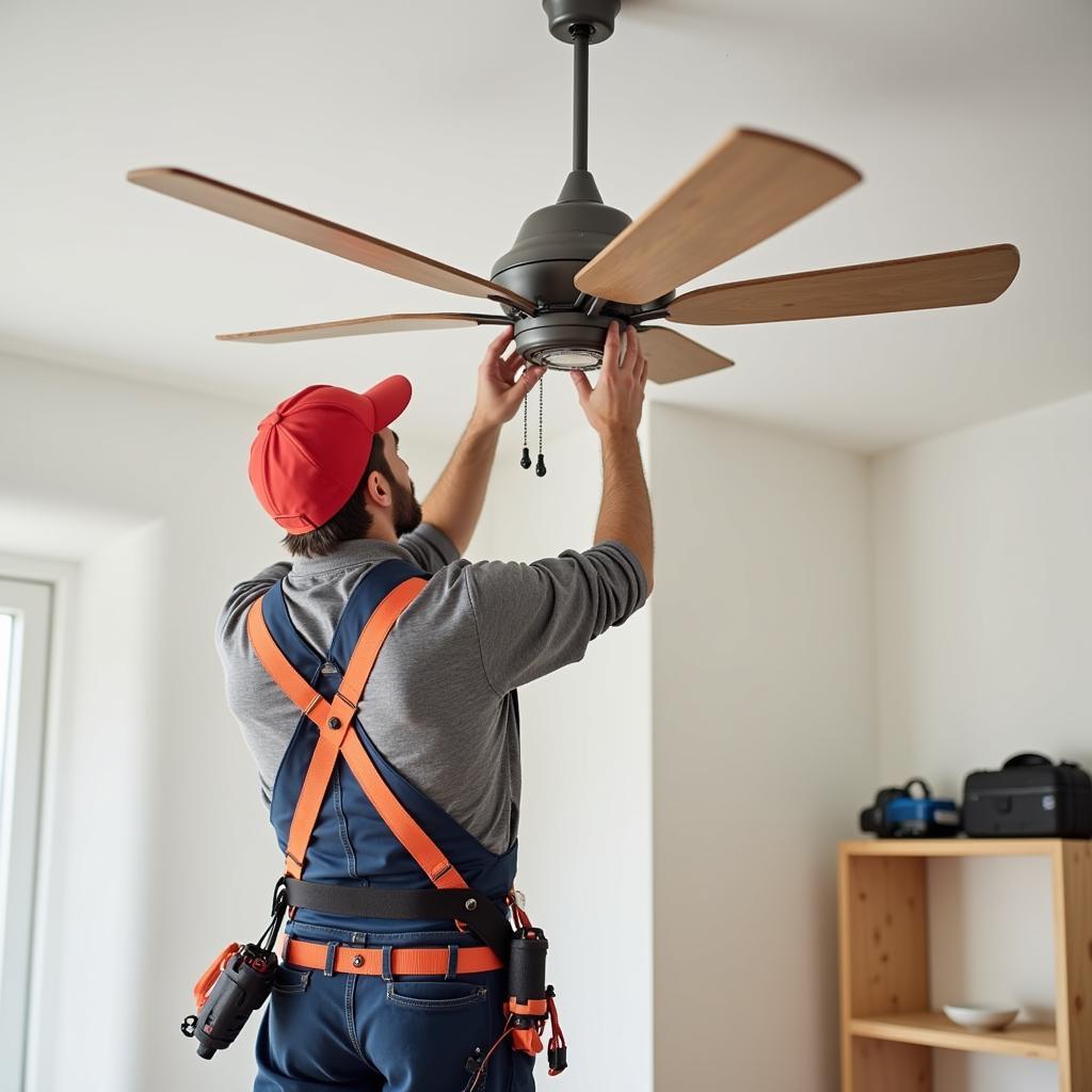 A qualified electrician installing a ceiling fan in a Brisbane residence