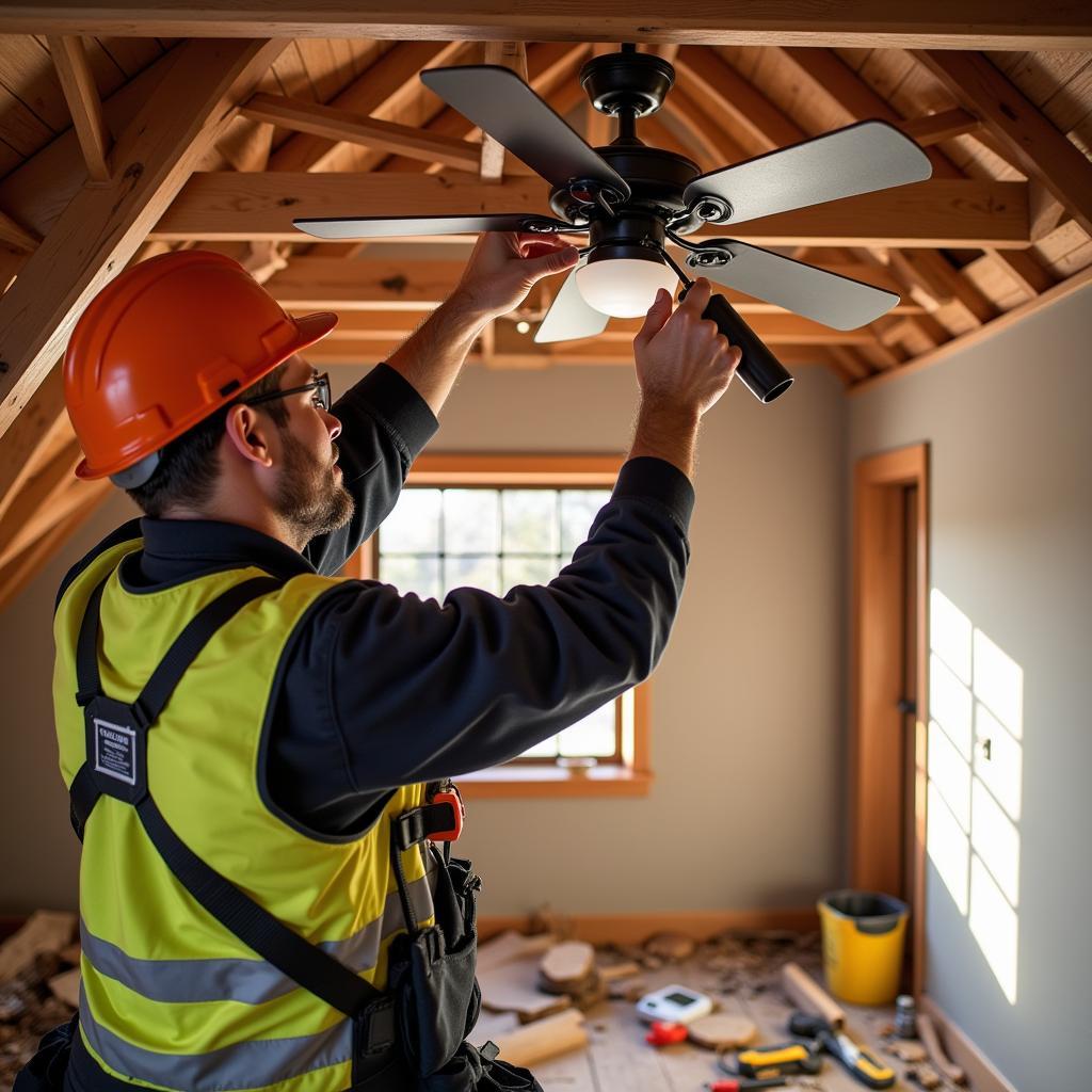 Professional attic fan repair in progress