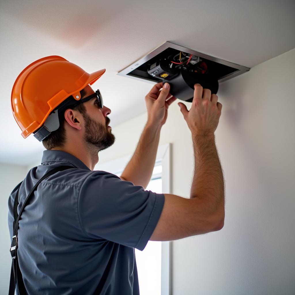 Electrician repairing exhaust fan