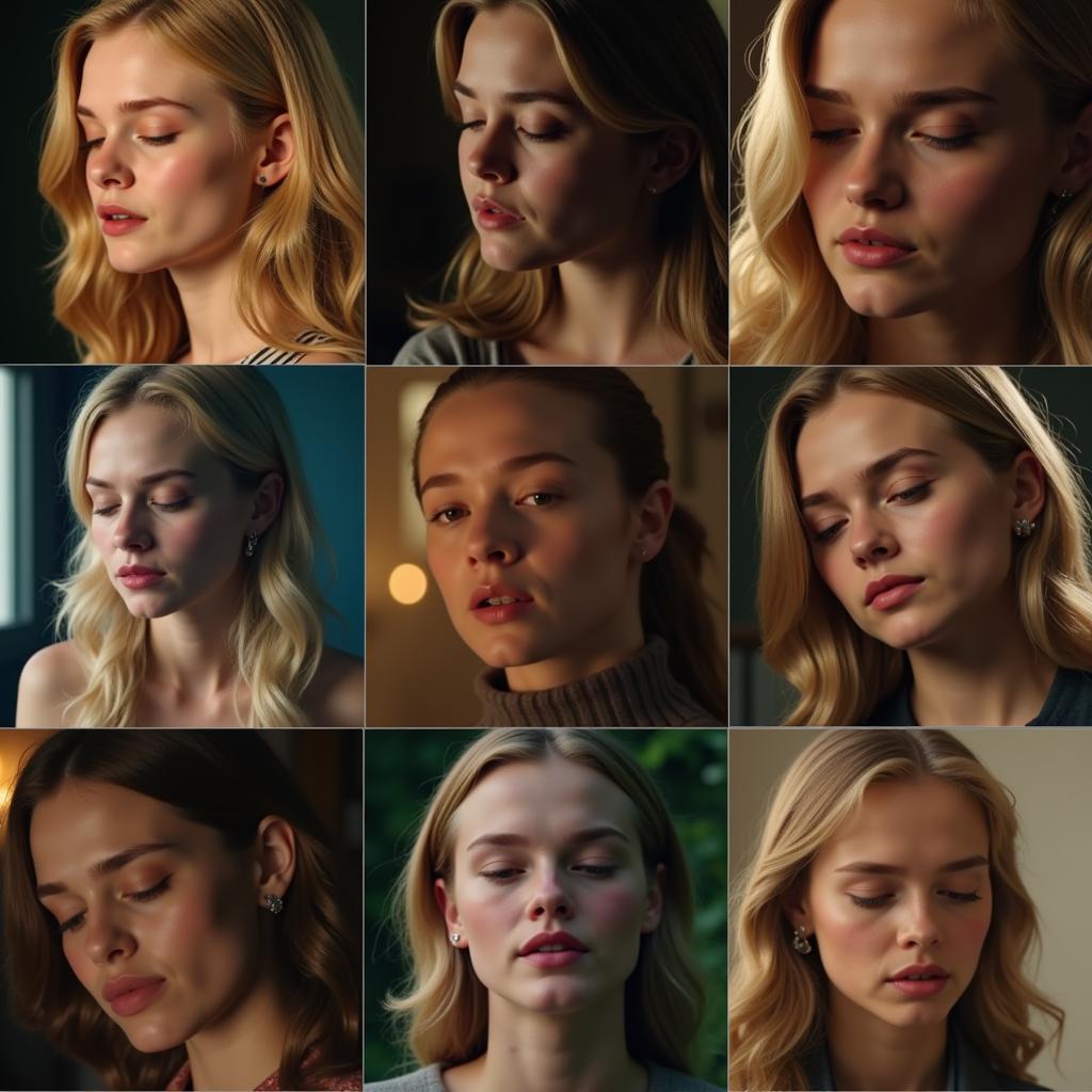 Elle Fanning portraying different emotions with eyes closed